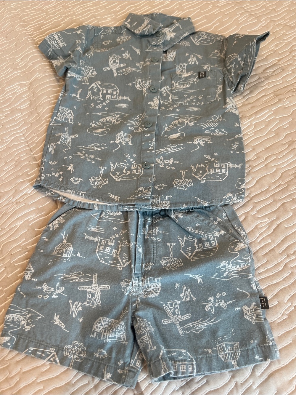 Modern moments Kids Short Set in light Blue with Village Print